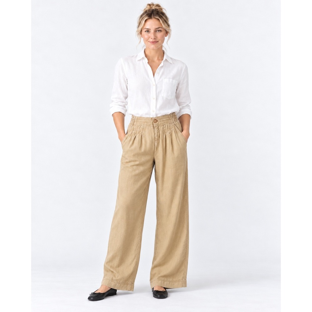 Athleta Wide Leg Pants Women S Beige Pleated Linen Blend Casual Boho